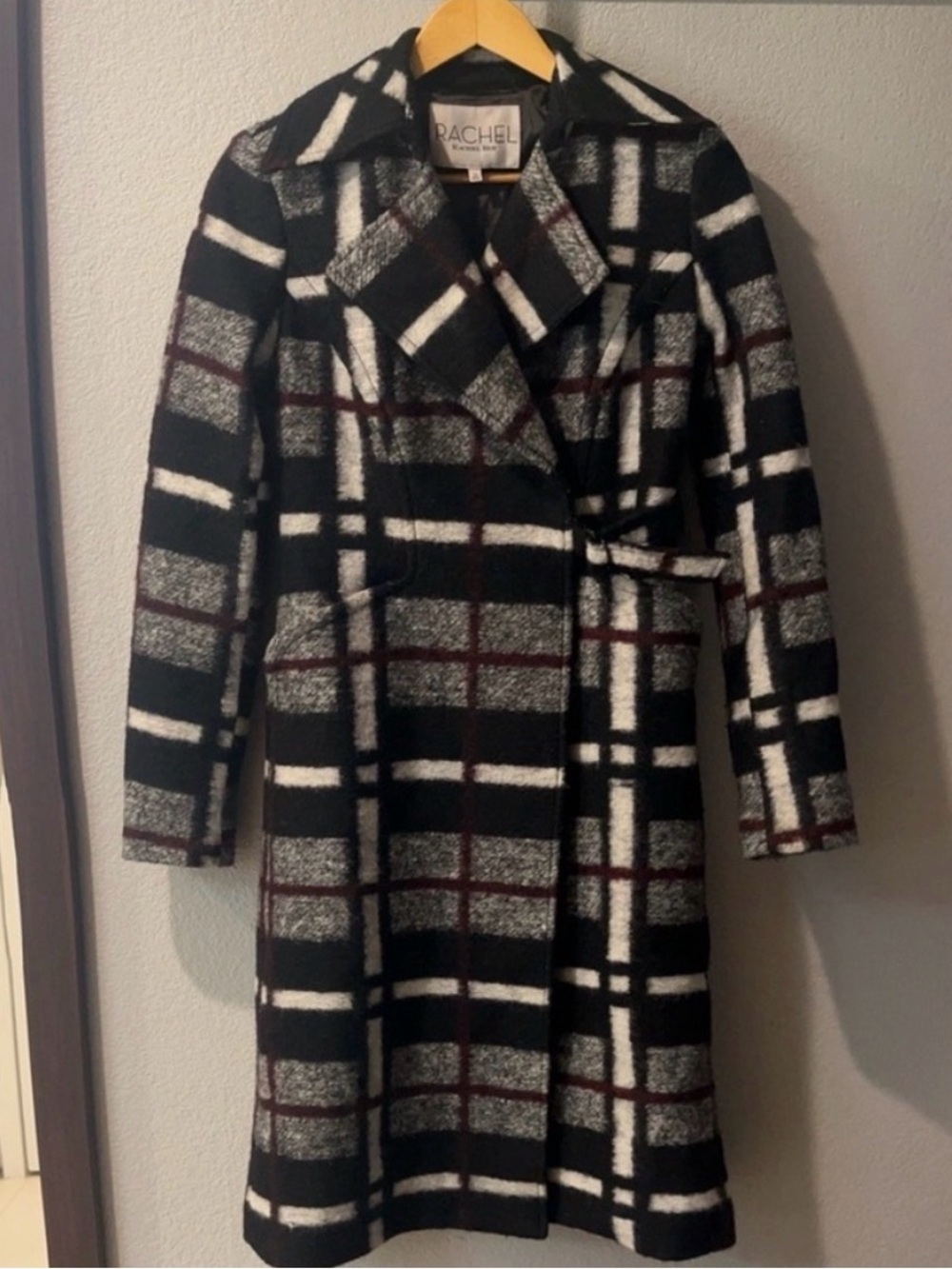 RACHEL Rachel Roy Black Plaid Belted Wrap Trench Coat
